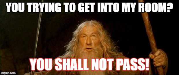 gandalf you shall not pass | YOU TRYING TO GET INTO MY ROOM? YOU SHALL NOT PASS! | image tagged in gandalf you shall not pass | made w/ Imgflip meme maker