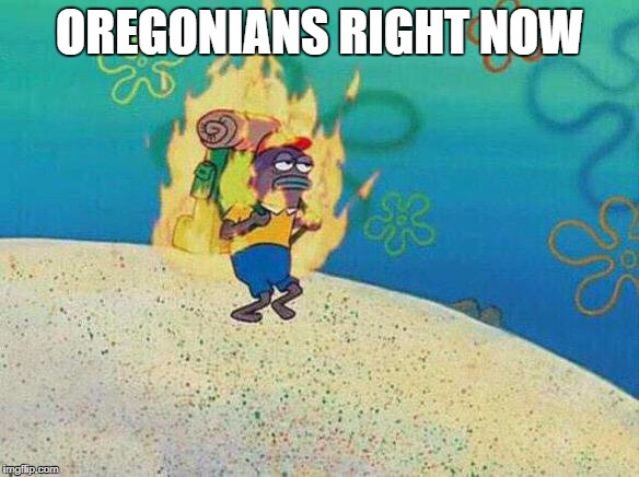 spongebob guy on fire | OREGONIANS RIGHT NOW | image tagged in spongebob guy on fire | made w/ Imgflip meme maker