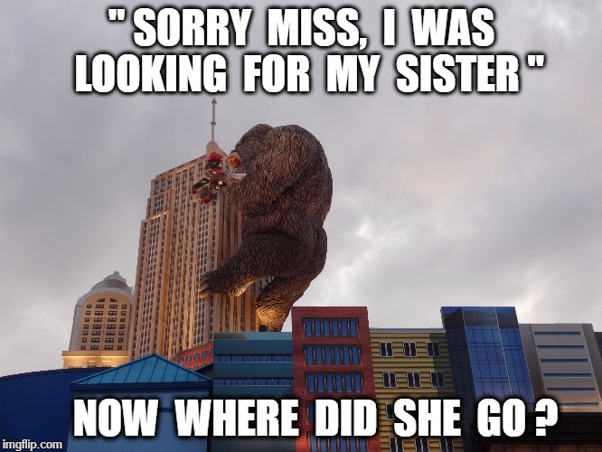 King Kong | " SORRY  MISS,  I  WAS  LOOKING  FOR  MY  SISTER "; NOW  WHERE  DID  SHE  GO ? | image tagged in king kong | made w/ Imgflip meme maker