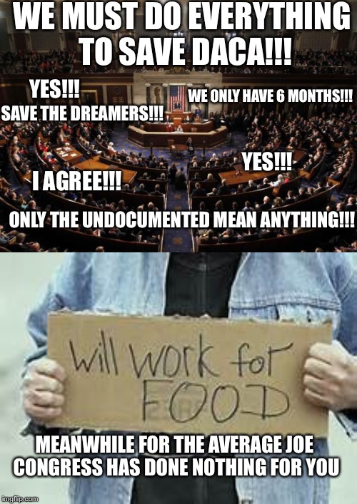 WE MUST DO EVERYTHING TO SAVE DACA!!! YES!!! WE ONLY HAVE 6 MONTHS!!! SAVE THE DREAMERS!!! YES!!! I AGREE!!! ONLY THE UNDOCUMENTED MEAN ANYTHING!!! MEANWHILE FOR THE AVERAGE JOE CONGRESS HAS DONE NOTHING FOR YOU | image tagged in memes | made w/ Imgflip meme maker