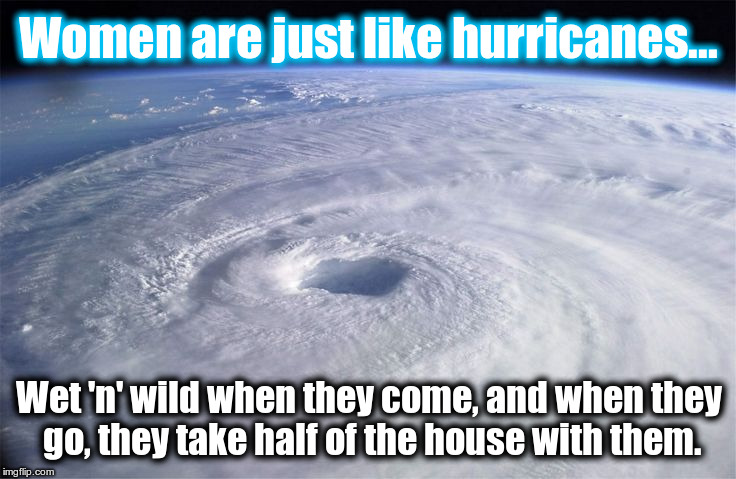 Hurricane. | Women are just like hurricanes... Wet 'n' wild when they come, and when they go, they take half of the house with them. | image tagged in hurricane | made w/ Imgflip meme maker