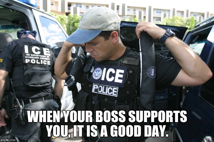 Illegal Immigration | WHEN YOUR BOSS SUPPORTS YOU, IT IS A GOOD DAY. | image tagged in illegal immigration | made w/ Imgflip meme maker