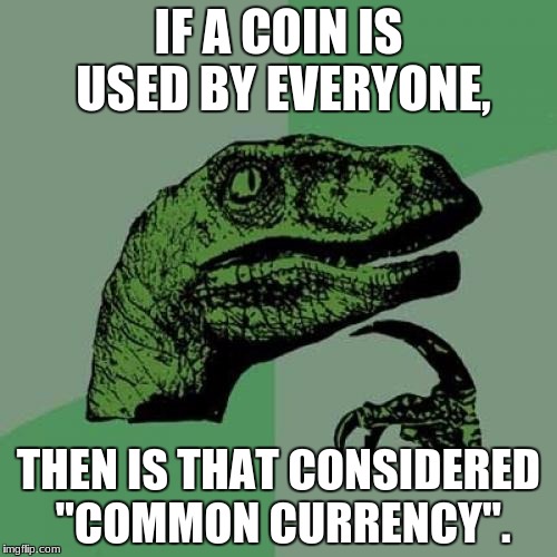 Philosoraptor Meme | IF A COIN IS USED BY EVERYONE, THEN IS THAT CONSIDERED "COMMON CURRENCY". | image tagged in memes,philosoraptor | made w/ Imgflip meme maker