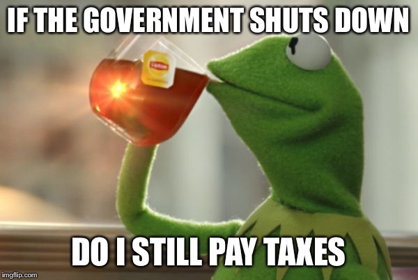 Kermit Questions | IF THE GOVERNMENT SHUTS DOWN; DO I STILL PAY TAXES | image tagged in kermit questions | made w/ Imgflip meme maker