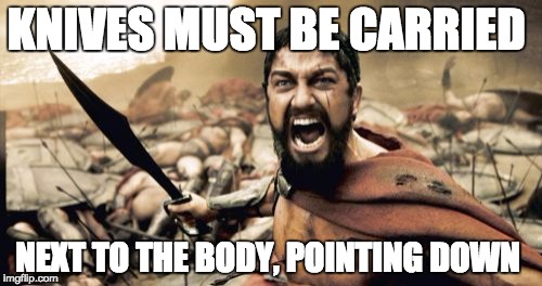 Sparta Leonidas Meme | KNIVES MUST BE CARRIED; NEXT TO THE BODY, POINTING DOWN | image tagged in memes,sparta leonidas | made w/ Imgflip meme maker