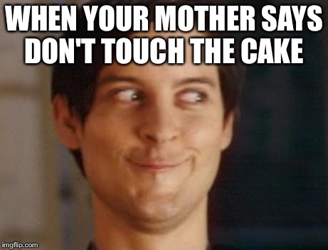 Spiderman Peter Parker Meme | WHEN YOUR MOTHER SAYS DON'T TOUCH THE CAKE | image tagged in memes,spiderman peter parker | made w/ Imgflip meme maker
