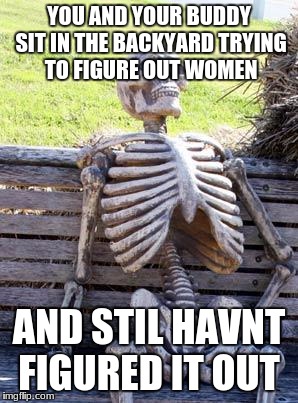 Waiting Skeleton | YOU AND YOUR BUDDY SIT IN THE BACKYARD TRYING TO FIGURE OUT WOMEN; AND STIL HAVNT FIGURED IT OUT | image tagged in memes,waiting skeleton | made w/ Imgflip meme maker