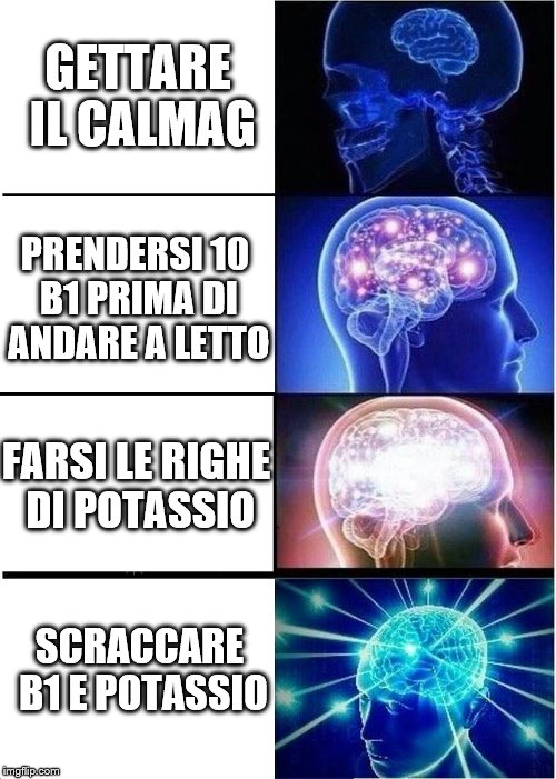 Expanding Brain Meme | GETTARE IL CALMAG; PRENDERSI 10 B1 PRIMA DI ANDARE A LETTO; FARSI LE RIGHE DI POTASSIO; SCRACCARE B1 E POTASSIO | image tagged in expanding brain | made w/ Imgflip meme maker