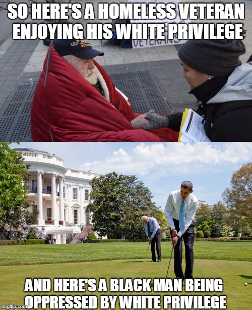 SJWs really think everyone is stupid, don't they? | SO HERE'S A HOMELESS VETERAN ENJOYING HIS WHITE PRIVILEGE; AND HERE'S A BLACK MAN BEING OPPRESSED BY WHITE PRIVILEGE | image tagged in sjws | made w/ Imgflip meme maker