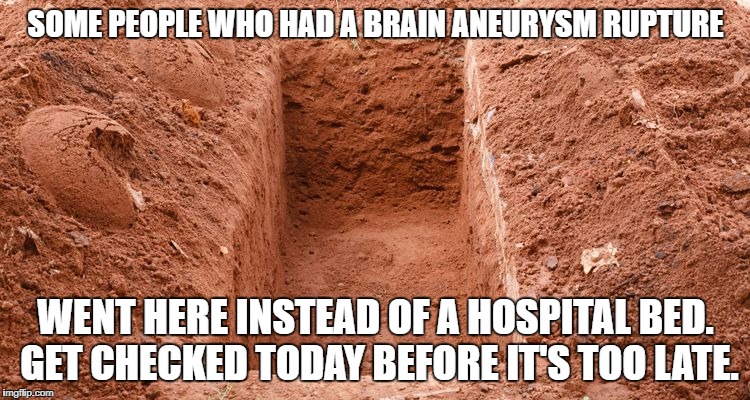 Brain Aneurysm | SOME PEOPLE WHO HAD A BRAIN ANEURYSM RUPTURE; WENT HERE INSTEAD OF A HOSPITAL BED. GET CHECKED TODAY BEFORE IT'S TOO LATE. | image tagged in brainaneurysm,bafoundorg | made w/ Imgflip meme maker