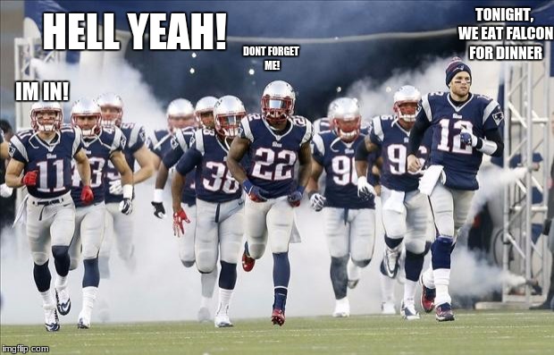 New England Patriots | HELL YEAH! TONIGHT, WE EAT FALCON FOR DINNER; DONT FORGET ME! IM IN! | image tagged in new england patriots | made w/ Imgflip meme maker
