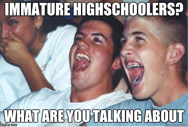 Immature Highschoolers | IMMATURE HIGHSCHOOLERS? WHAT ARE YOU TALKING ABOUT | image tagged in immature highschoolers | made w/ Imgflip meme maker