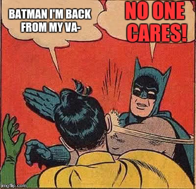 Batman Slapping Robin | NO ONE CARES! BATMAN I'M BACK FROM MY VA- | image tagged in memes,batman slapping robin | made w/ Imgflip meme maker