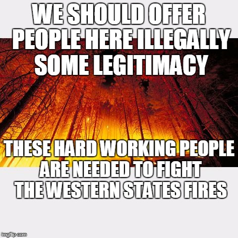 wildfires | WE SHOULD OFFER PEOPLE HERE ILLEGALLY SOME LEGITIMACY; THESE HARD WORKING PEOPLE ARE NEEDED TO FIGHT THE WESTERN STATES FIRES | image tagged in wildfires | made w/ Imgflip meme maker