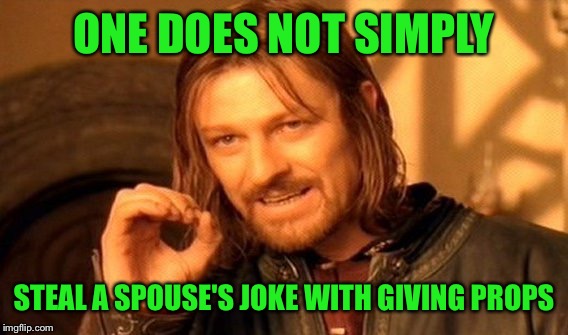One Does Not Simply Meme | ONE DOES NOT SIMPLY STEAL A SPOUSE'S JOKE WITH GIVING PROPS | image tagged in memes,one does not simply | made w/ Imgflip meme maker