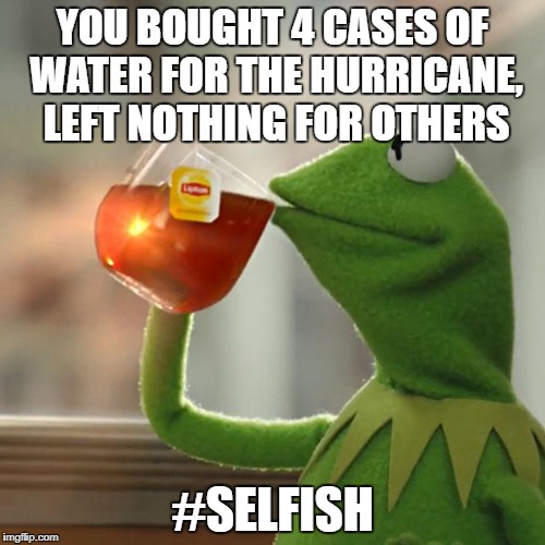 But That's None Of My Business Meme | YOU BOUGHT 4 CASES OF WATER FOR THE HURRICANE, LEFT NOTHING FOR OTHERS; #SELFISH | image tagged in memes,kermit the frog,hurricane irma,selfish,water | made w/ Imgflip meme maker