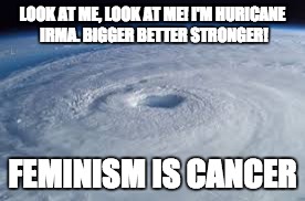 irmatwat | LOOK AT ME, LOOK AT ME! I'M HURICANE IRMA. BIGGER BETTER STRONGER! FEMINISM IS CANCER | image tagged in irmatwat | made w/ Imgflip meme maker