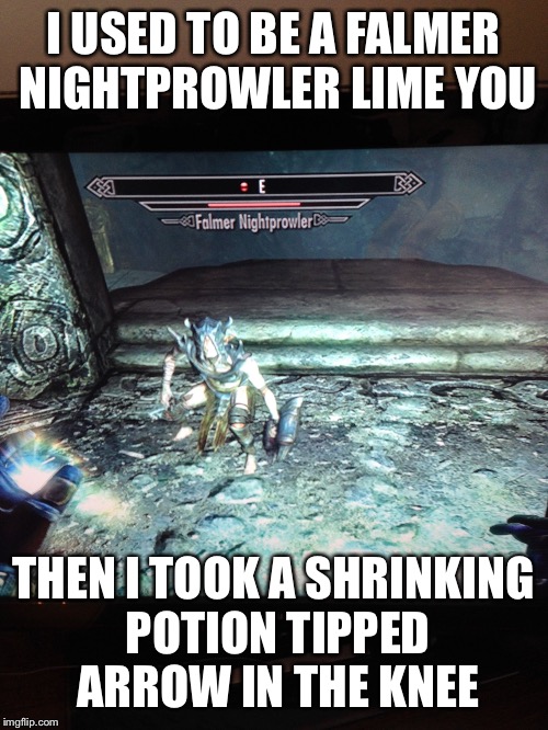 Arrow in the knee | I USED TO BE A FALMER NIGHTPROWLER LIME YOU; THEN I TOOK A SHRINKING POTION TIPPED ARROW IN THE KNEE | image tagged in smol falmer,arrow to the knee,skyrim,lol | made w/ Imgflip meme maker