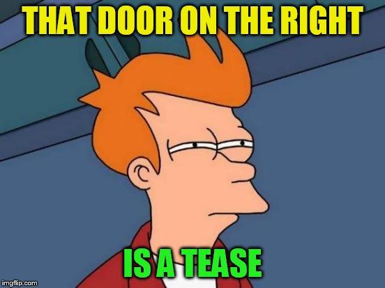 Futurama Fry Meme | THAT DOOR ON THE RIGHT IS A TEASE | image tagged in memes,futurama fry | made w/ Imgflip meme maker