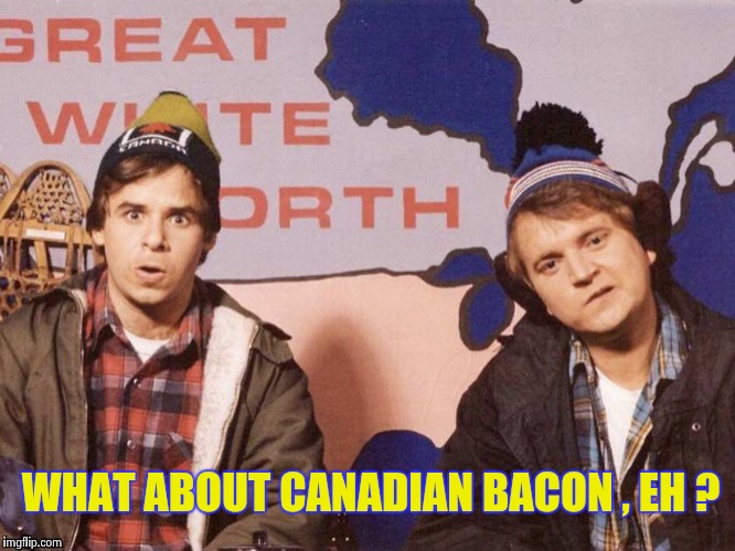 The Great White North | WHAT ABOUT CANADIAN BACON , EH ? | image tagged in the great white north | made w/ Imgflip meme maker