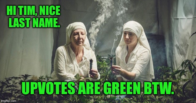 Stoner nuns  | HI TIM, NICE LAST NAME. UPVOTES ARE GREEN BTW. | image tagged in stoner nuns | made w/ Imgflip meme maker