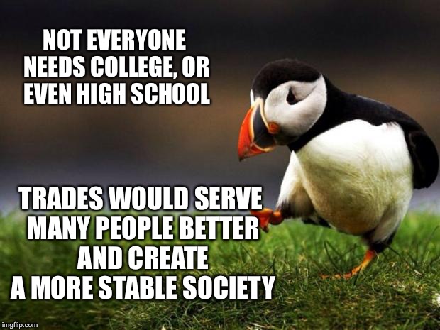 Not everyone needs a degree, or should even be at a university. | NOT EVERYONE NEEDS COLLEGE, OR EVEN HIGH SCHOOL; TRADES WOULD SERVE MANY PEOPLE BETTER AND CREATE A MORE STABLE SOCIETY | image tagged in memes,unpopular opinion puffin | made w/ Imgflip meme maker