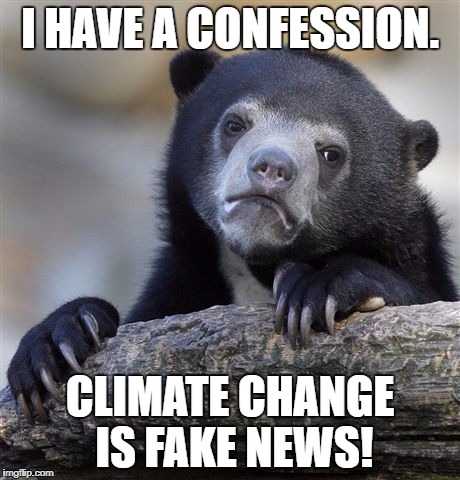 Confession Bear Meme | I HAVE A CONFESSION. CLIMATE CHANGE IS FAKE NEWS! | image tagged in memes,confession bear | made w/ Imgflip meme maker