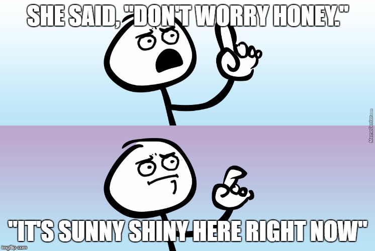 SHE SAID, "DON'T WORRY HONEY."; "IT'S SUNNY SHINY HERE RIGHT NOW" | image tagged in AdviceAnimals | made w/ Imgflip meme maker