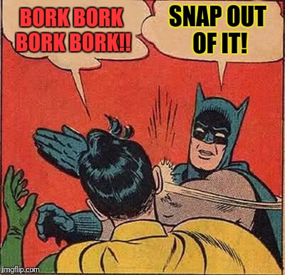 Batman Slapping Robin Meme | BORK BORK BORK BORK!! SNAP OUT OF IT! | image tagged in memes,batman slapping robin | made w/ Imgflip meme maker