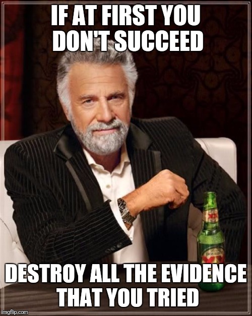 The Most Interesting Man In The World Meme | IF AT FIRST YOU DON'T SUCCEED; DESTROY ALL THE EVIDENCE THAT YOU TRIED | image tagged in memes,the most interesting man in the world | made w/ Imgflip meme maker