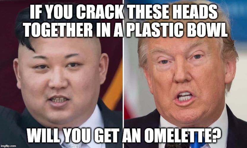 The Egghead Challenge | IF YOU CRACK THESE HEADS TOGETHER IN A PLASTIC BOWL; WILL YOU GET AN OMELETTE? | image tagged in memes,donald trump,kim jong un,north korea,eggs,cooking | made w/ Imgflip meme maker