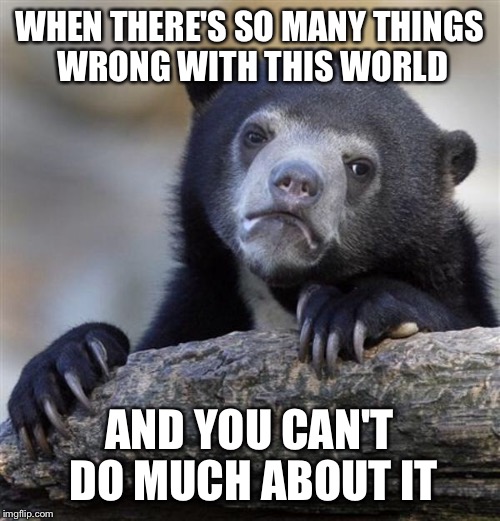 sad bear | WHEN THERE'S SO MANY THINGS WRONG WITH THIS WORLD; AND YOU CAN'T DO MUCH ABOUT IT | image tagged in sad bear | made w/ Imgflip meme maker
