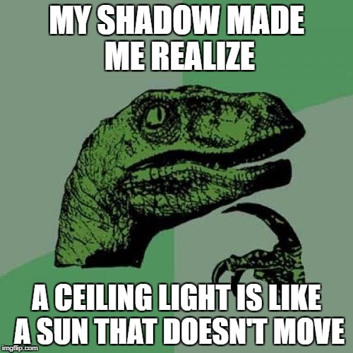 Philosoraptor | MY SHADOW MADE ME REALIZE; A CEILING LIGHT IS LIKE A SUN THAT DOESN'T MOVE | image tagged in memes,philosoraptor | made w/ Imgflip meme maker