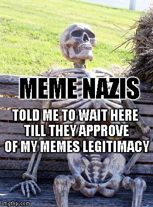 Waiting Skeleton Meme | MEME NAZIS; TOLD ME TO WAIT HERE TILL THEY APPROVE OF MY MEMES LEGITIMACY | image tagged in memes,waiting skeleton | made w/ Imgflip meme maker