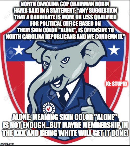 NORTH CAROLINA GOP CHAIRMAN ROBIN HAYES SAID IN A STATEMENT: “ANY SUGGESTION THAT A CANDIDATE IS MORE OR LESS QUALIFIED FOR POLITICAL OFFICE BASED ON THEIR SKIN COLOR "ALONE", IS OFFENSIVE TO NORTH CAROLINA REPUBLICANS AND WE CONDEMN IT.”; IQ: STUPID; ALONE, MEANING SKIN COLOR "ALONE" IS NOT ENOUGH...BUT MAYBE MEMBERSHIP IN THE KKK AND BEING WHITE WILL GET IT DONE! | image tagged in republicans south carolina trump | made w/ Imgflip meme maker