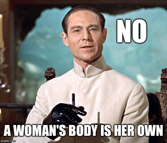 Dr no | NO A WOMAN'S BODY IS HER OWN | image tagged in dr no | made w/ Imgflip meme maker