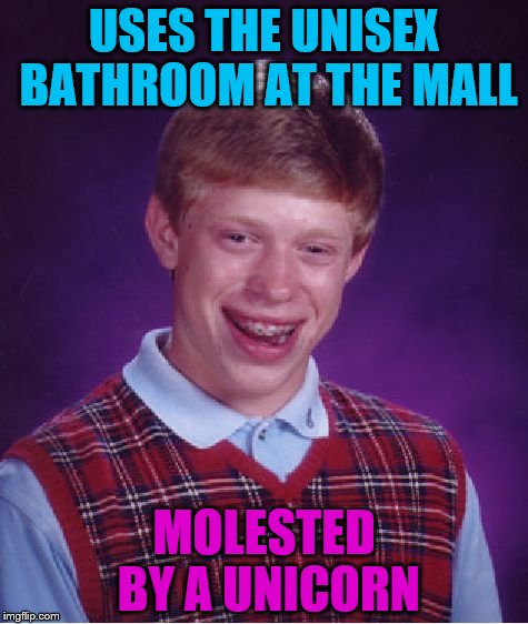 Bad Luck Brian | USES THE UNISEX BATHROOM AT THE MALL; MOLESTED BY A UNICORN | image tagged in memes,bad luck brian | made w/ Imgflip meme maker