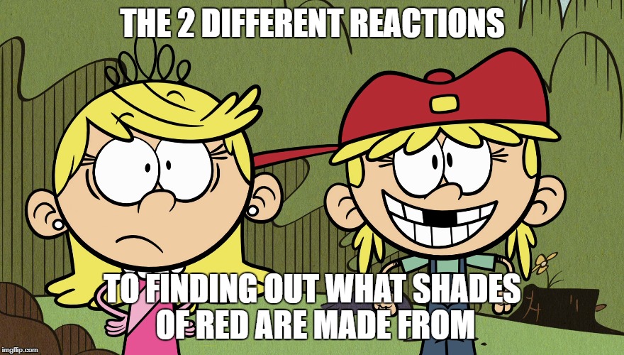THE 2 DIFFERENT REACTIONS; TO FINDING OUT WHAT SHADES OF RED ARE MADE FROM | image tagged in the loud house | made w/ Imgflip meme maker