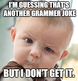 Skeptical Baby Meme | I'M GUESSING THAT'S ANOTHER GRAMMER JOKE BUT I DON'T GET IT. | image tagged in memes,skeptical baby | made w/ Imgflip meme maker