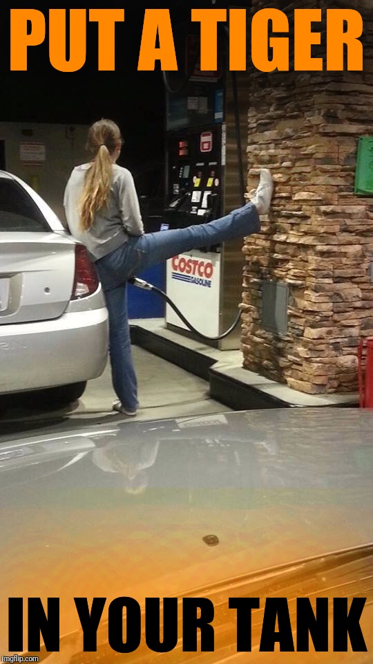 She's doing it wrong | PUT A TIGER; IN YOUR TANK | image tagged in splits,gas station,fill the tank,put a tiger in your tank,doing it wrong | made w/ Imgflip meme maker