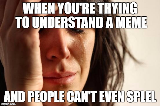 I get that Grammar Nazi week ended a month ago but I'm still the same person really | WHEN YOU'RE TRYING TO UNDERSTAND A MEME; AND PEOPLE CAN'T EVEN SPLEL | image tagged in memes,first world problems,dank memes,meanwhile on imgflip,grammar nazi week,grammar nazi | made w/ Imgflip meme maker