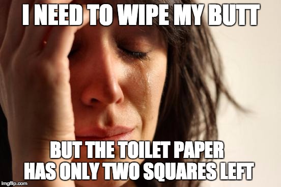 First World Problems | I NEED TO WIPE MY BUTT; BUT THE TOILET PAPER HAS ONLY TWO SQUARES LEFT | image tagged in memes,first world problems | made w/ Imgflip meme maker