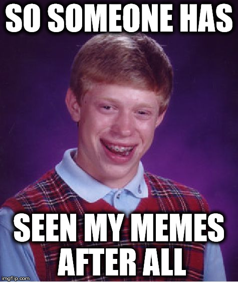 Bad Luck Brian Meme | SO SOMEONE HAS SEEN MY MEMES AFTER ALL | image tagged in memes,bad luck brian | made w/ Imgflip meme maker