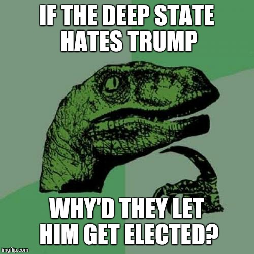 Pretty Reasonable Question if You Ask Me... | IF THE DEEP STATE HATES TRUMP; WHY'D THEY LET HIM GET ELECTED? | image tagged in memes,philosoraptor,donald trump,politics,political,illuminati | made w/ Imgflip meme maker