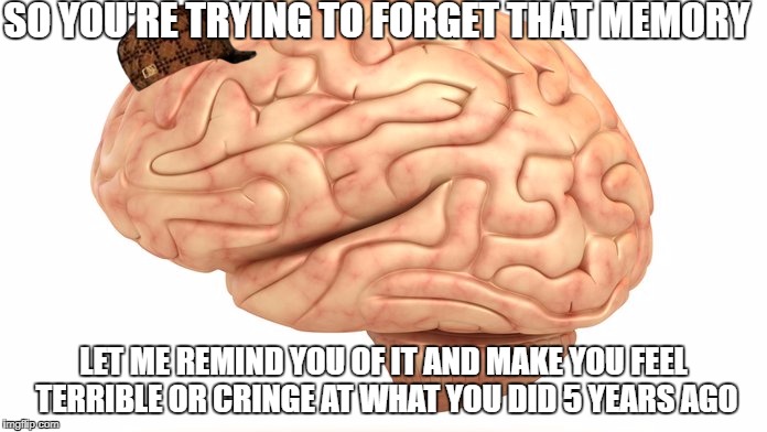 Scumbag Brain | SO YOU'RE TRYING TO FORGET THAT MEMORY; LET ME REMIND YOU OF IT AND MAKE YOU FEEL TERRIBLE OR CRINGE AT WHAT YOU DID 5 YEARS AGO | image tagged in meme,brain,scumbag,memory,true | made w/ Imgflip meme maker