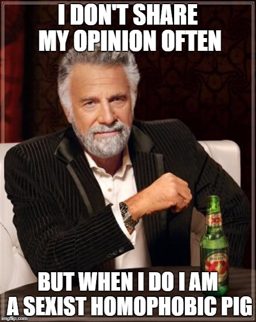 The Most Interesting Man In The World Meme | I DON'T SHARE MY OPINION OFTEN; BUT WHEN I DO I AM A SEXIST HOMOPHOBIC PIG | image tagged in memes,the most interesting man in the world | made w/ Imgflip meme maker
