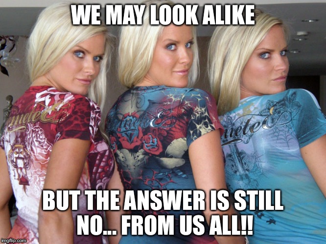 WE MAY LOOK ALIKE; BUT THE ANSWER IS STILL NO... FROM US ALL!! | image tagged in sisters | made w/ Imgflip meme maker