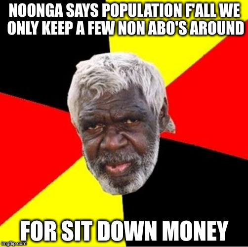 aboriginal | NOONGA SAYS POPULATION F'ALL
WE ONLY KEEP A FEW NON ABO'S AROUND; FOR SIT DOWN MONEY | image tagged in aboriginal | made w/ Imgflip meme maker