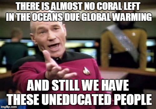 Picard Wtf Meme | THERE IS ALMOST NO CORAL LEFT IN THE OCEANS DUE GLOBAL WARMING; AND STILL WE HAVE THESE UNEDUCATED PEOPLE | image tagged in memes,picard wtf | made w/ Imgflip meme maker