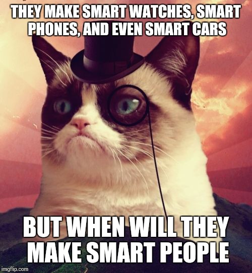 Grumpy Cat Top Hat | THEY MAKE SMART WATCHES, SMART PHONES, AND EVEN SMART CARS; BUT WHEN WILL THEY MAKE SMART PEOPLE | image tagged in memes,grumpy cat top hat,sir_unknown,funny,dank | made w/ Imgflip meme maker